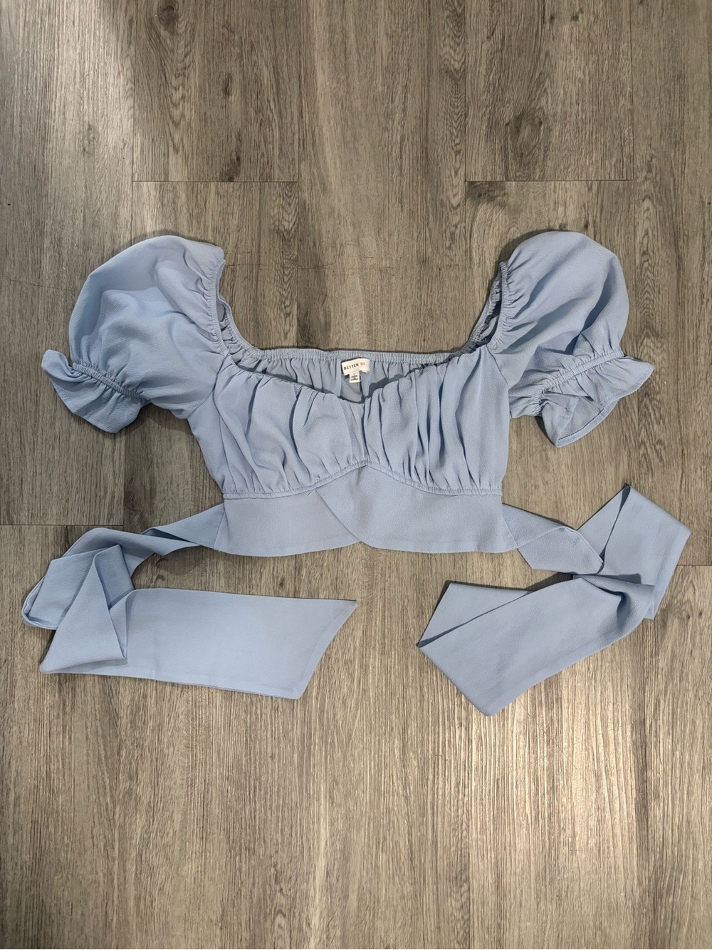 Blue Puff Sleeve Wrap Crop Top